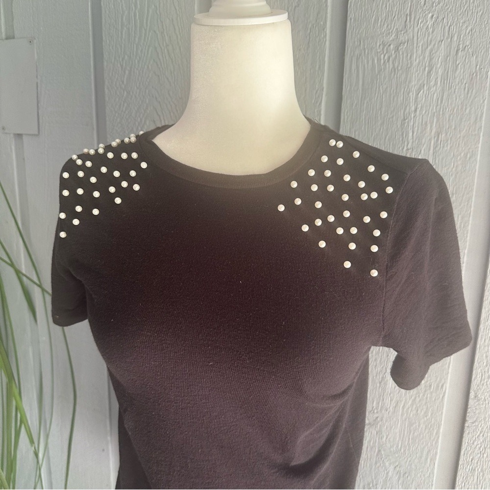 Zara Trafaluc Black Jersey Style‎ T-Shirt Small Dress White Beads Small Mini - Picture 7 of 11